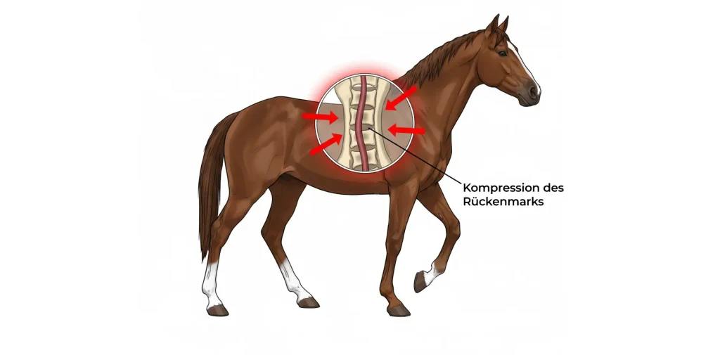 Illustration eines Pferdes mit markierter Kompression des Rückenmarks, Darstellung der Halswirbelsäule und Nervenkanal mit Verengung.
